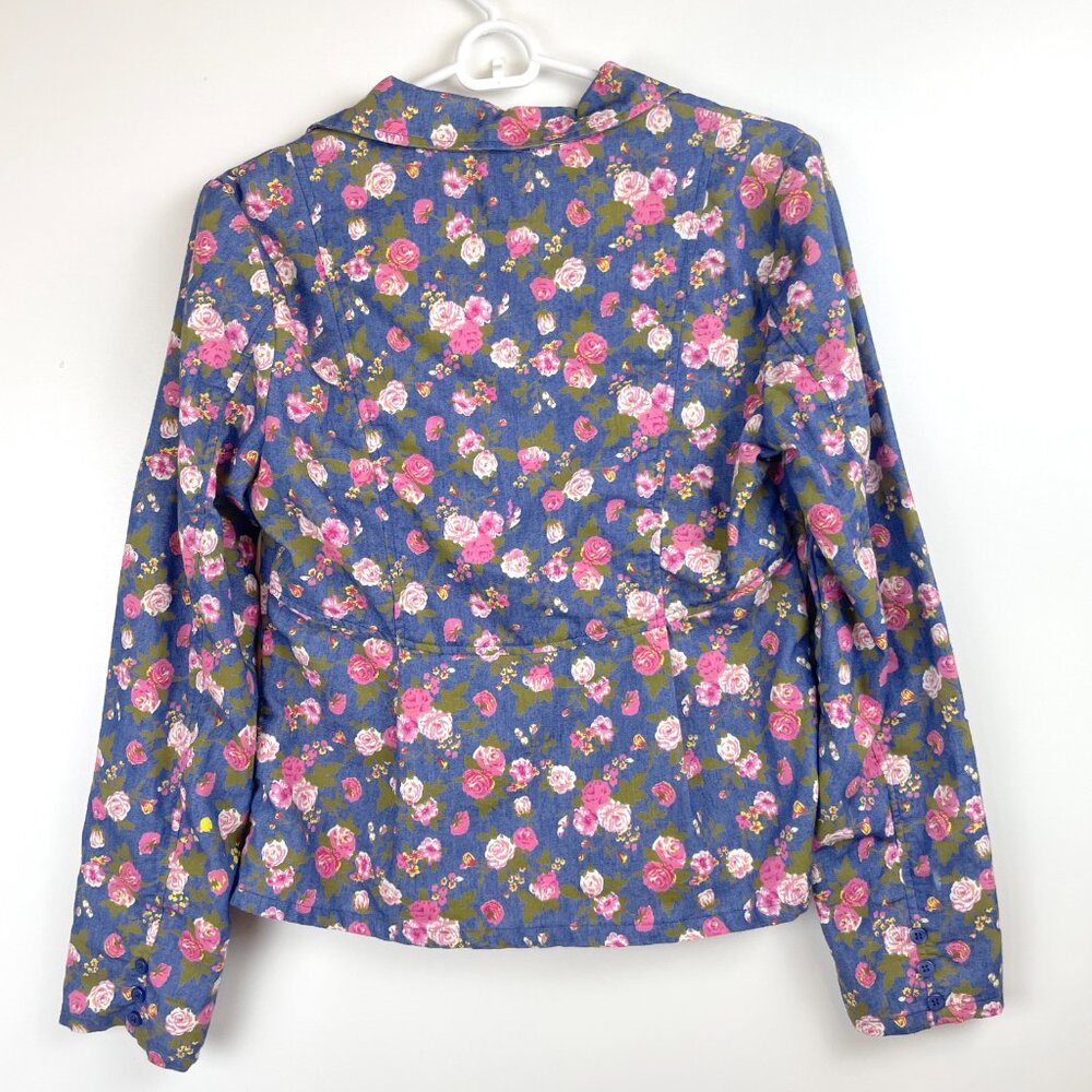 Tulle 100% Cotton Blue Floral Single Button Lightweight hourglass Blazer M - Picture 4 of 4